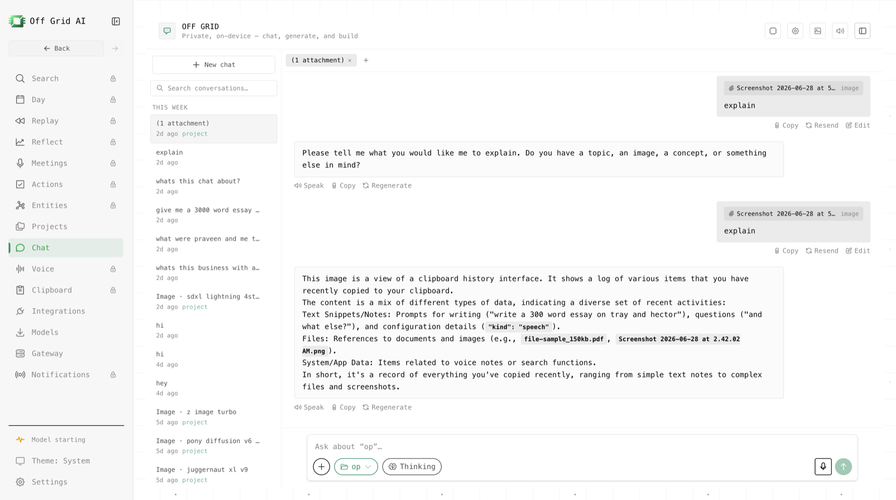 Off Grid AI Desktop running a private chat on macOS, models listed down the left, a streaming reply in the center.