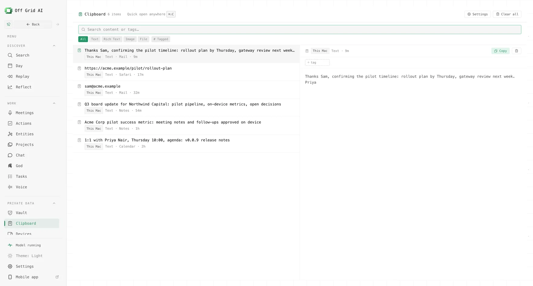 Off Grid AI example view: Clipboard: search previously copied text, links, images, and files.
