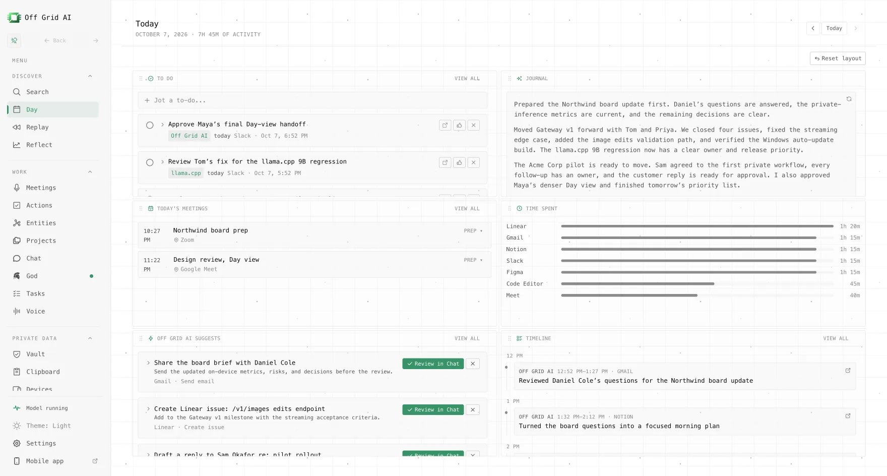 Off Grid AI example view: Day: meetings, to-dos, and a journal together.