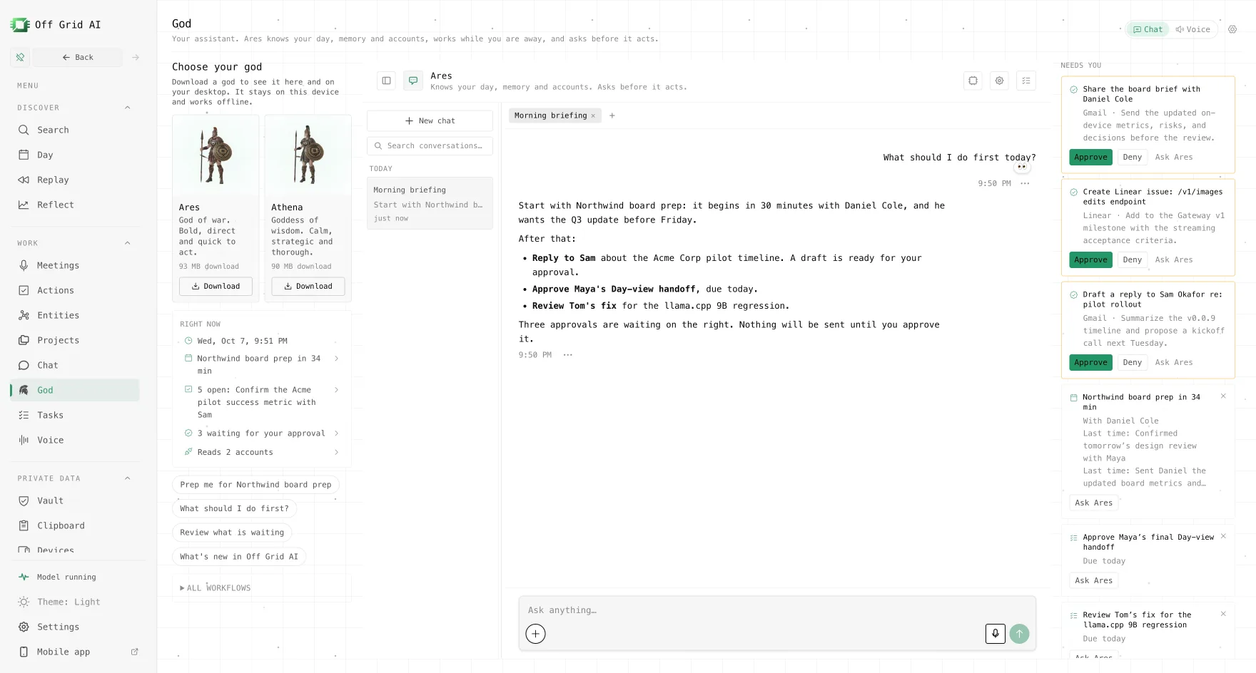 Off Grid AI example view: God: a morning briefing with pending approvals in the right pane.
