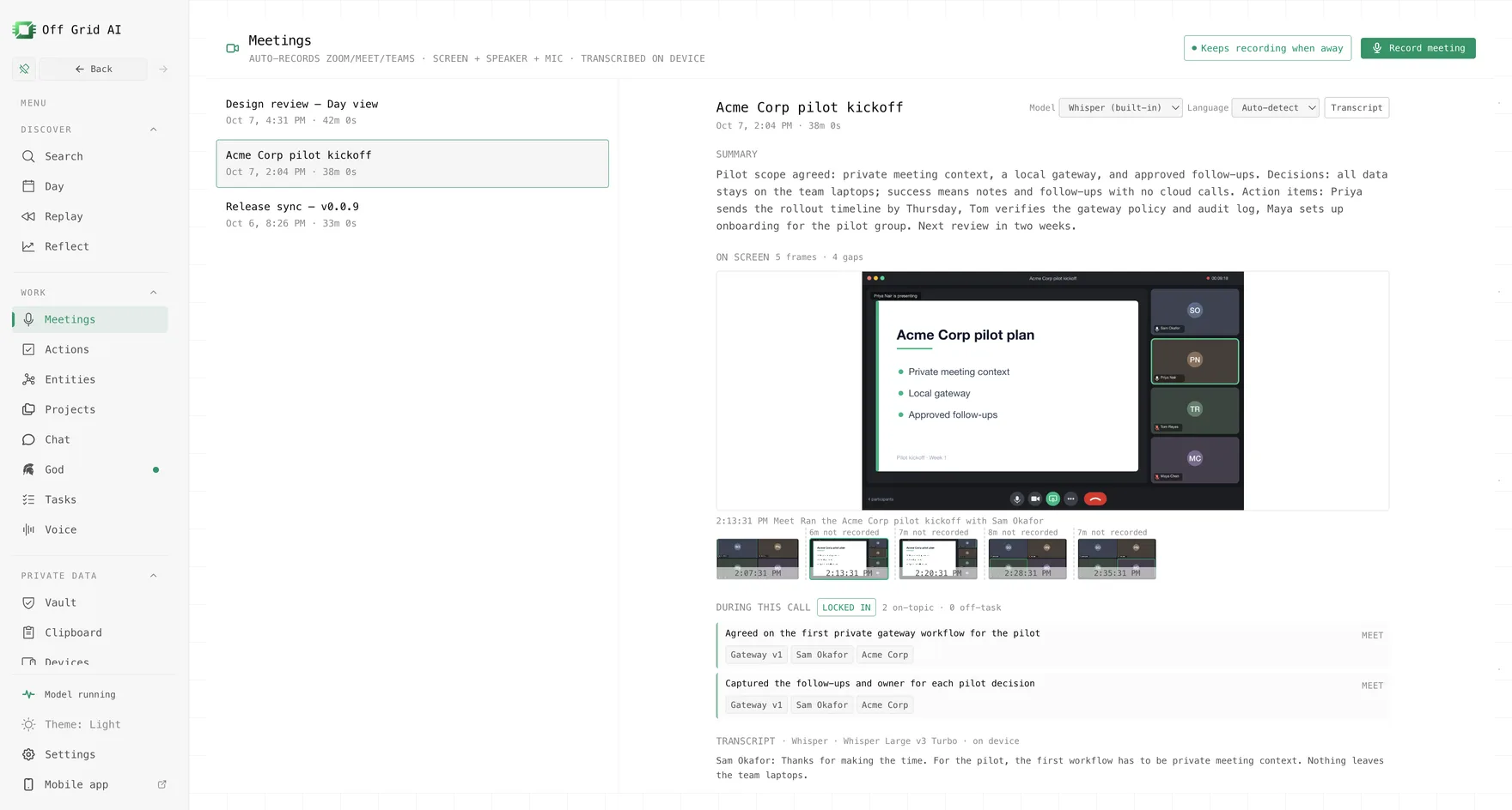 Off Grid AI example view: Meetings: the Acme pilot kickoff recording, summary, and transcript.