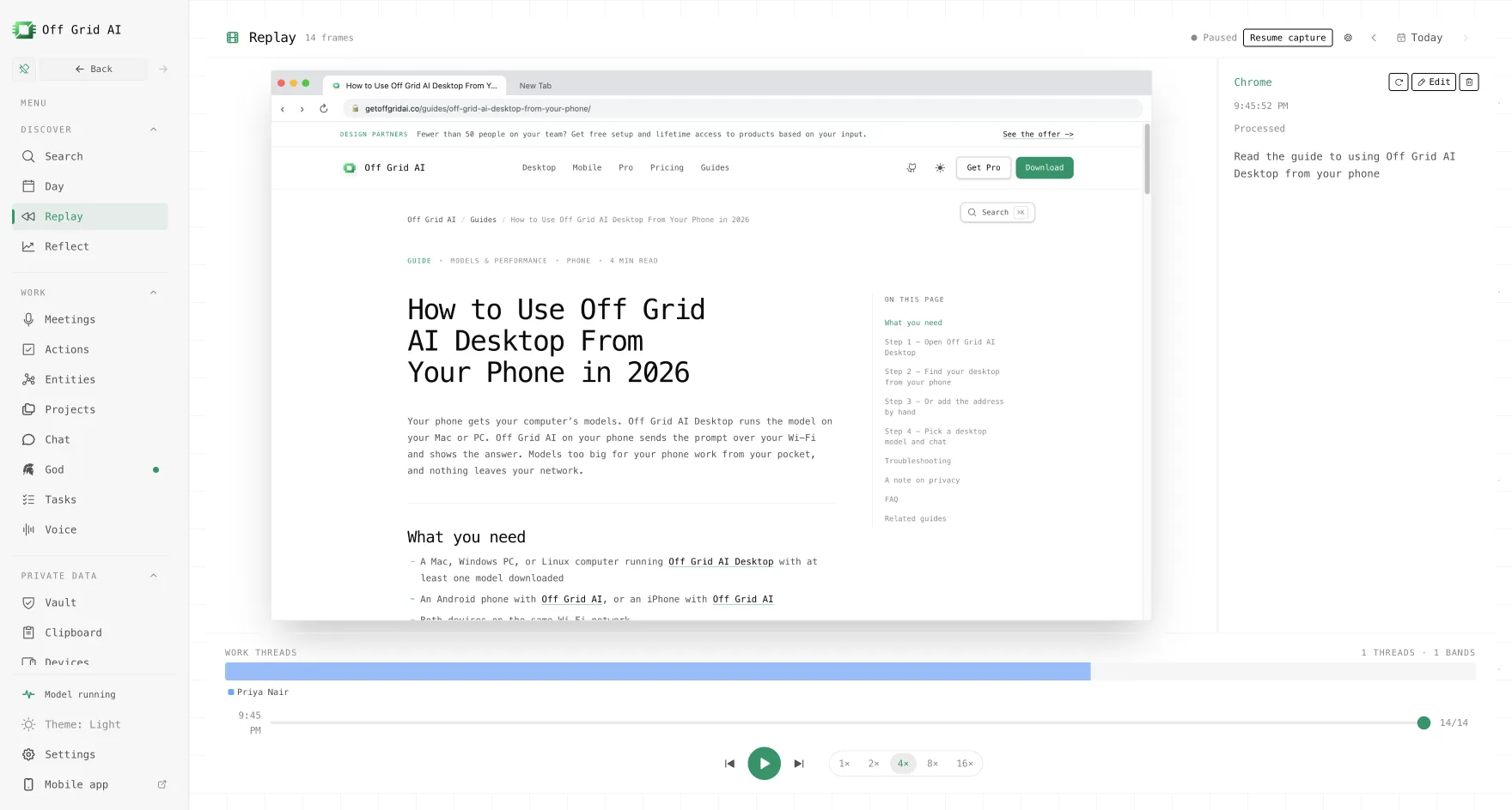 Off Grid AI Replay example: saved screen activity and its description
