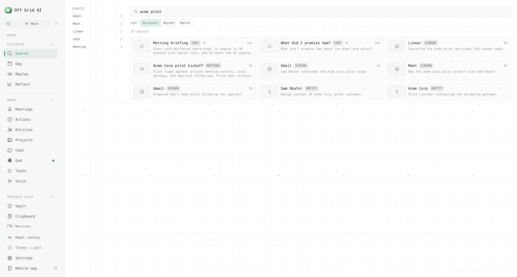 Off Grid AI example view: Search: results from chats, recorded screens, meetings, and people.