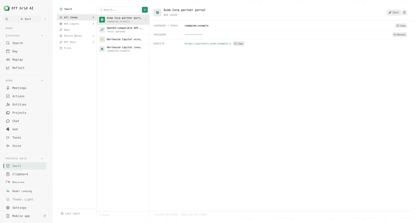 Off Grid AI example view: Vault: saved logins, keys, and notes in the unlocked vault.