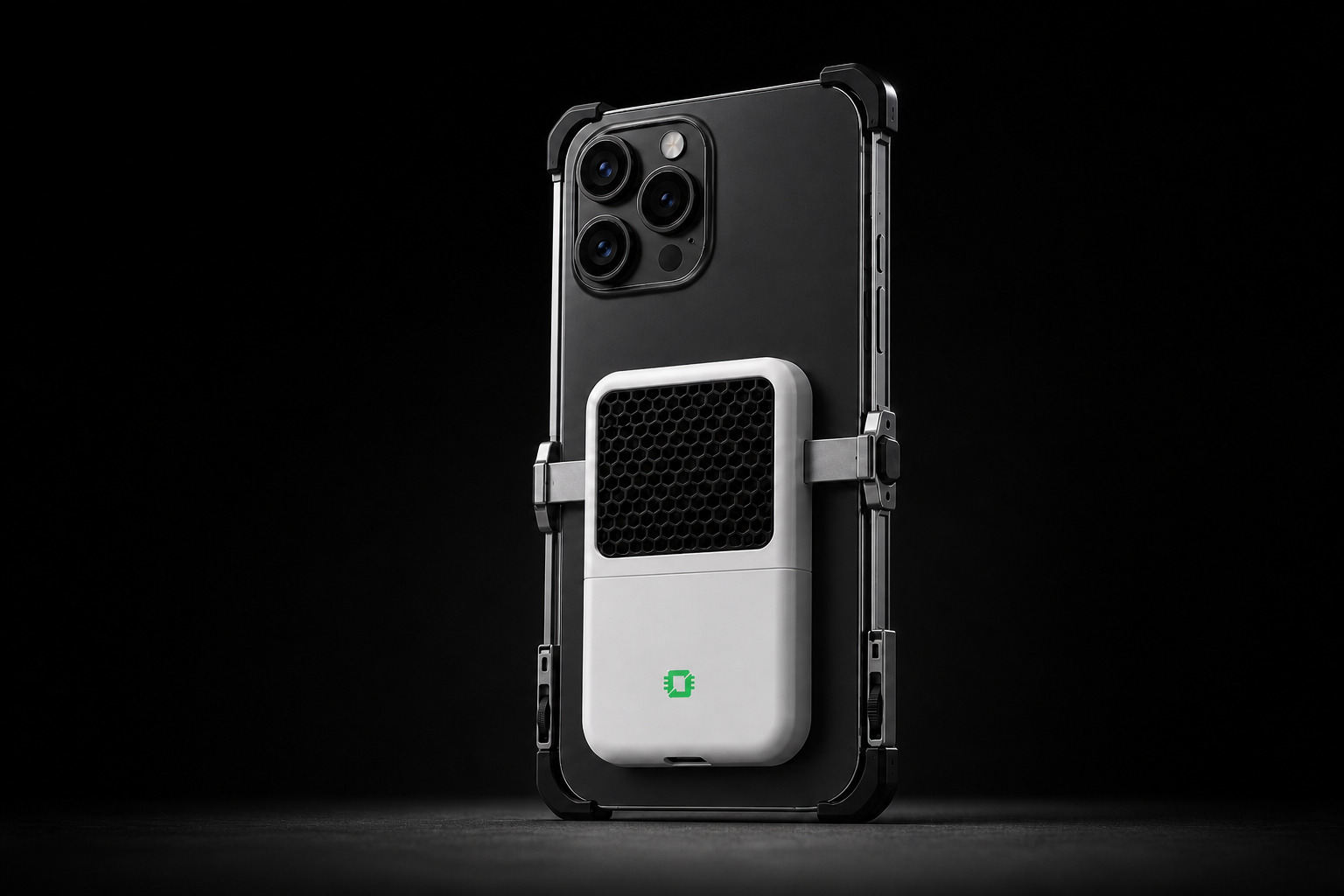 OGAP fitted around a bare phone, with adjustable width arms and height rails leaving the camera and side buttons clear.