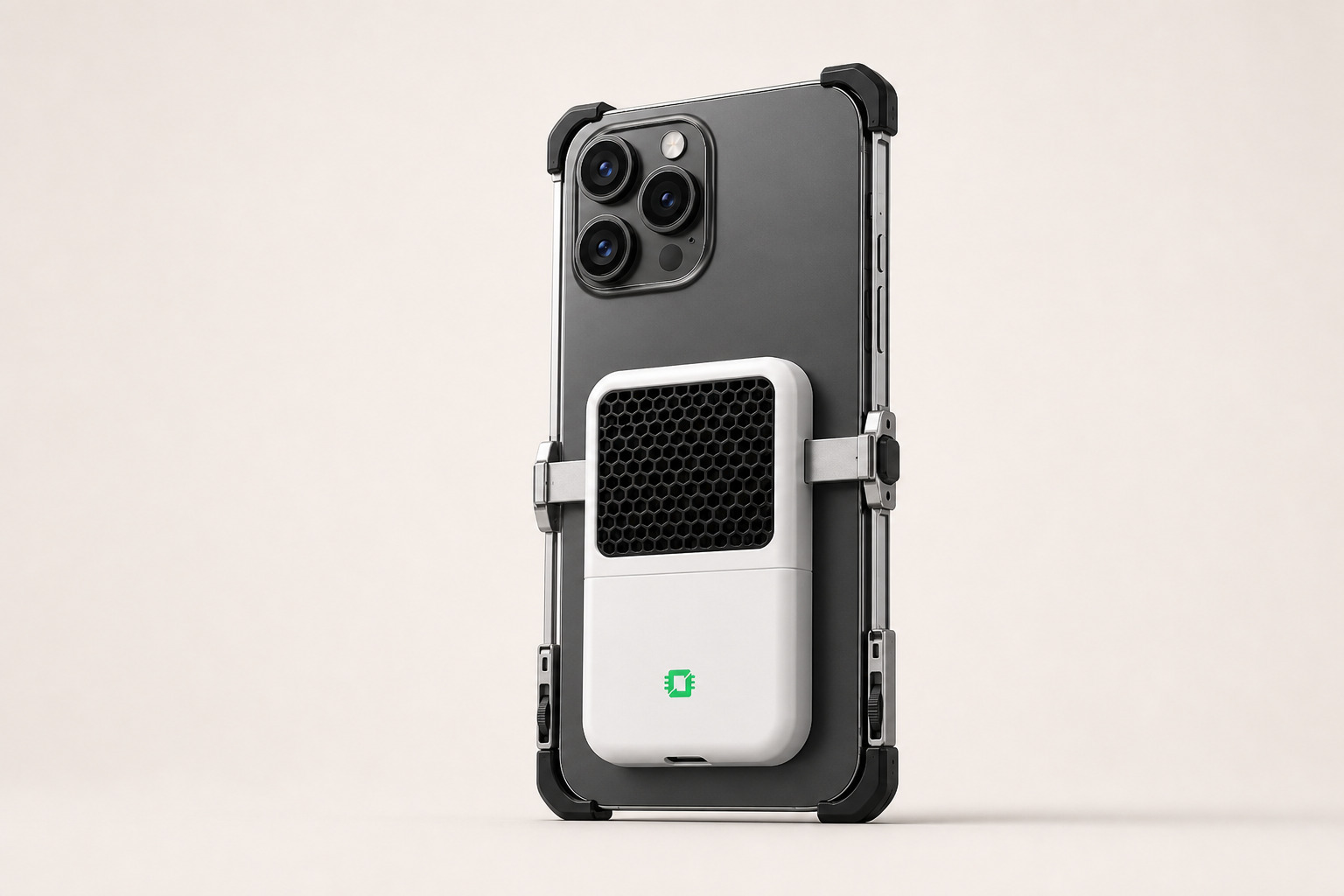 OGAP fitted around a bare phone, with adjustable width arms and height rails leaving the camera and side buttons clear.