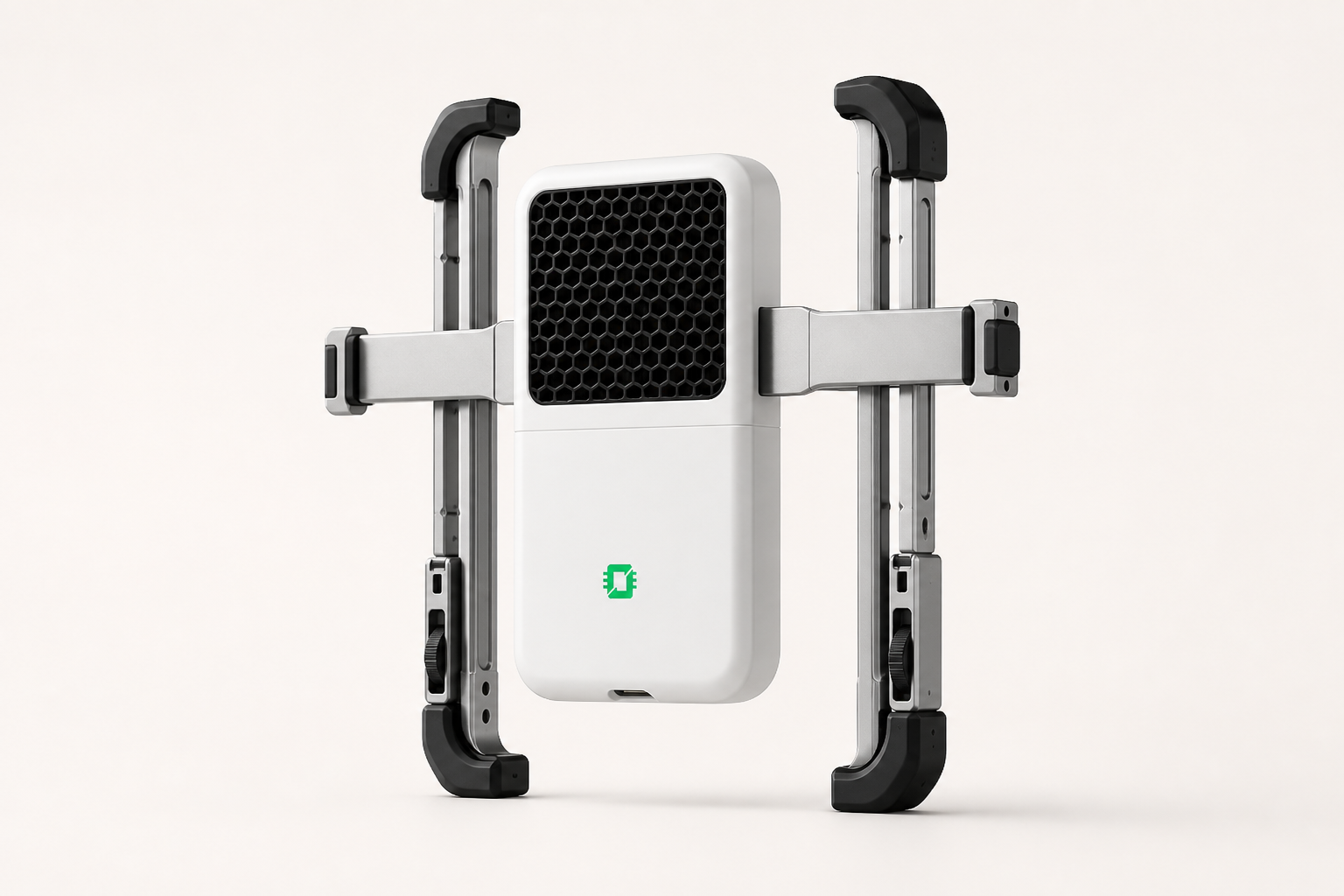 The OGAP adjustable frame, cooling module, battery, rails, bumpers, and built-in connector shown without a phone.
