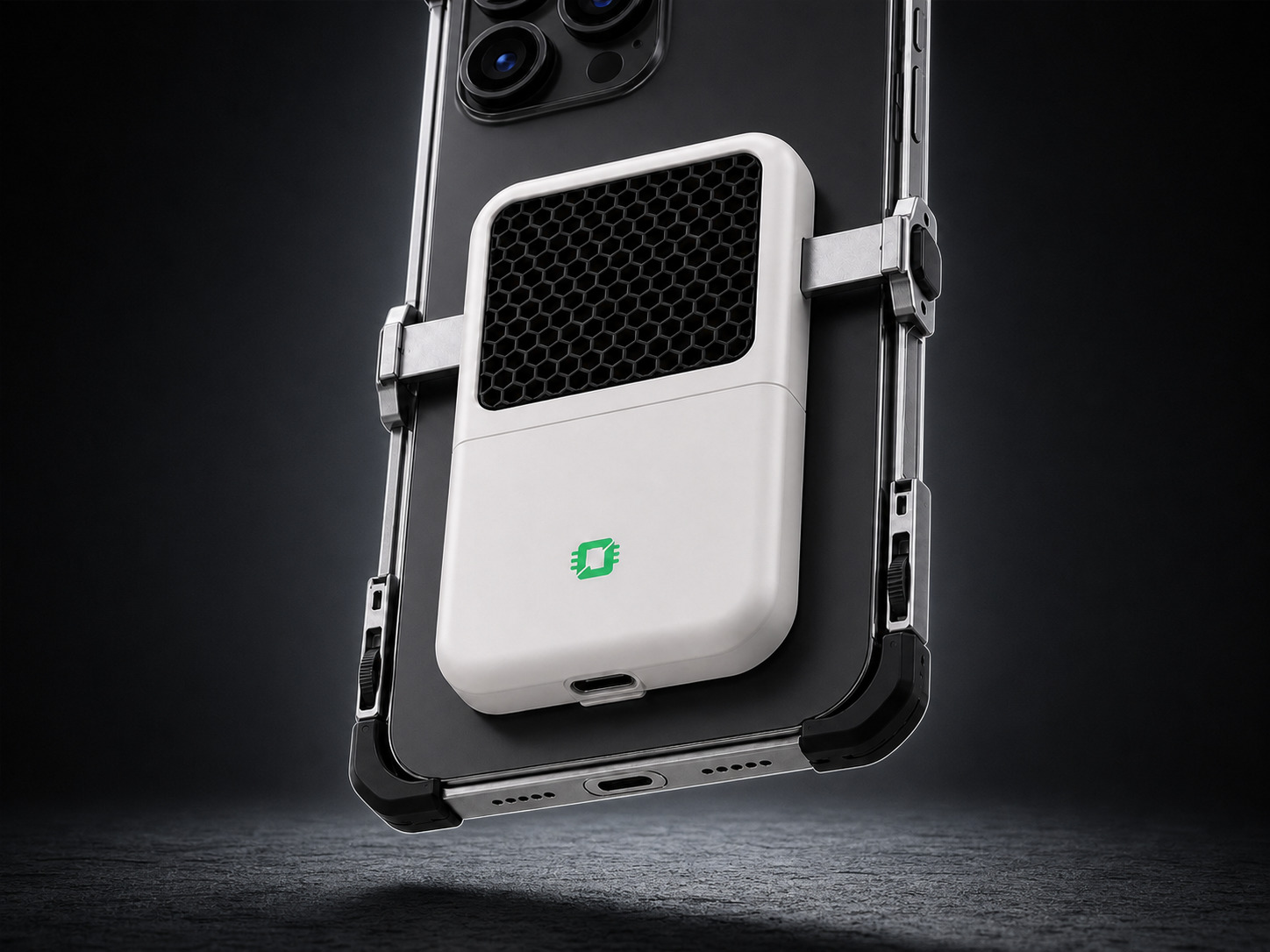 A close view of OGAP's underside port and integrated route to the phone USB-C connection.