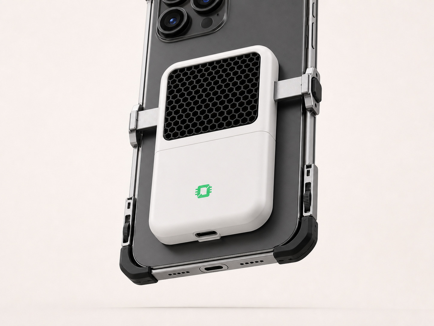 A close view of OGAP's underside port and integrated route to the phone USB-C connection.