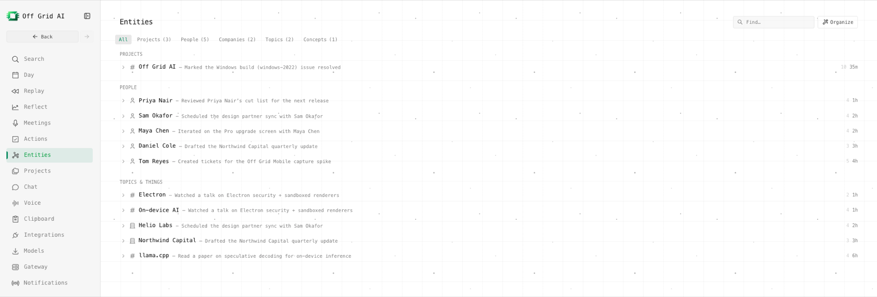 Off Grid AI Pro Entities view - the people, projects, and companies you touch, each with a running summary, on macOS.